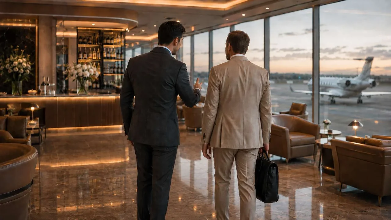 Aviation professionals in an executive lounge